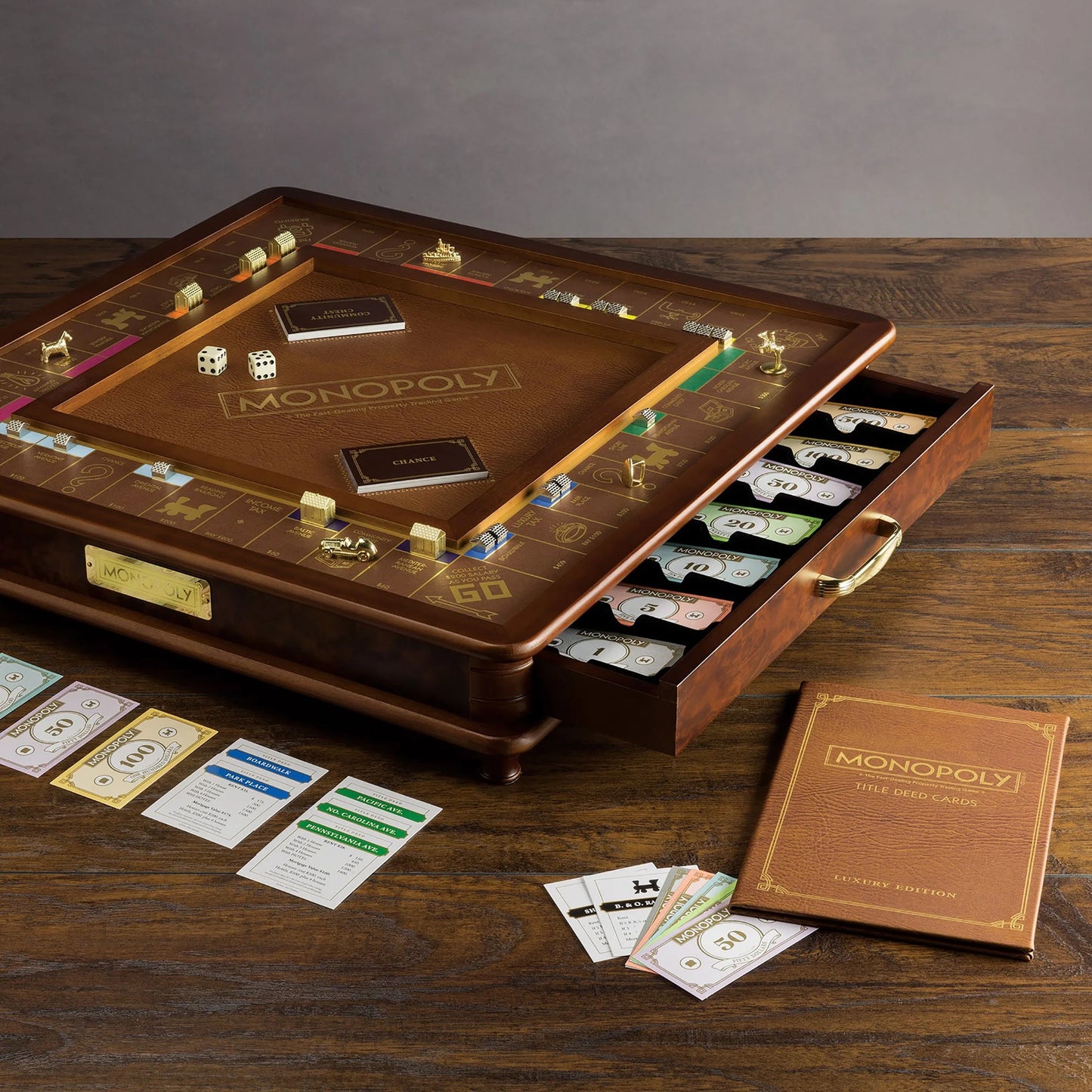 Monopoly Luxury Edition Board Game with Burl Finished Wood Cabinet
