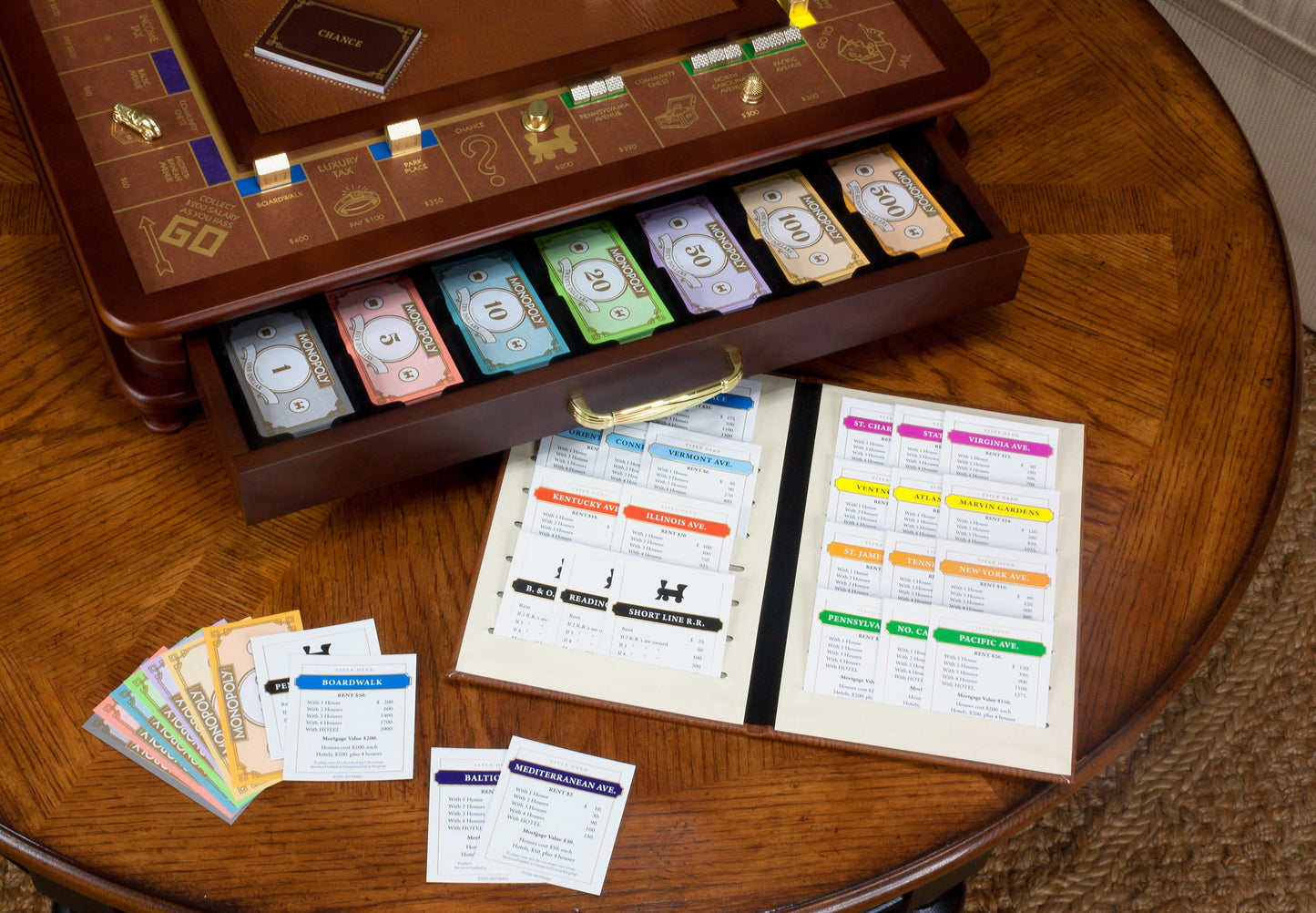 Monopoly Luxury Edition Board Game with Burl Finished Wood Cabinet