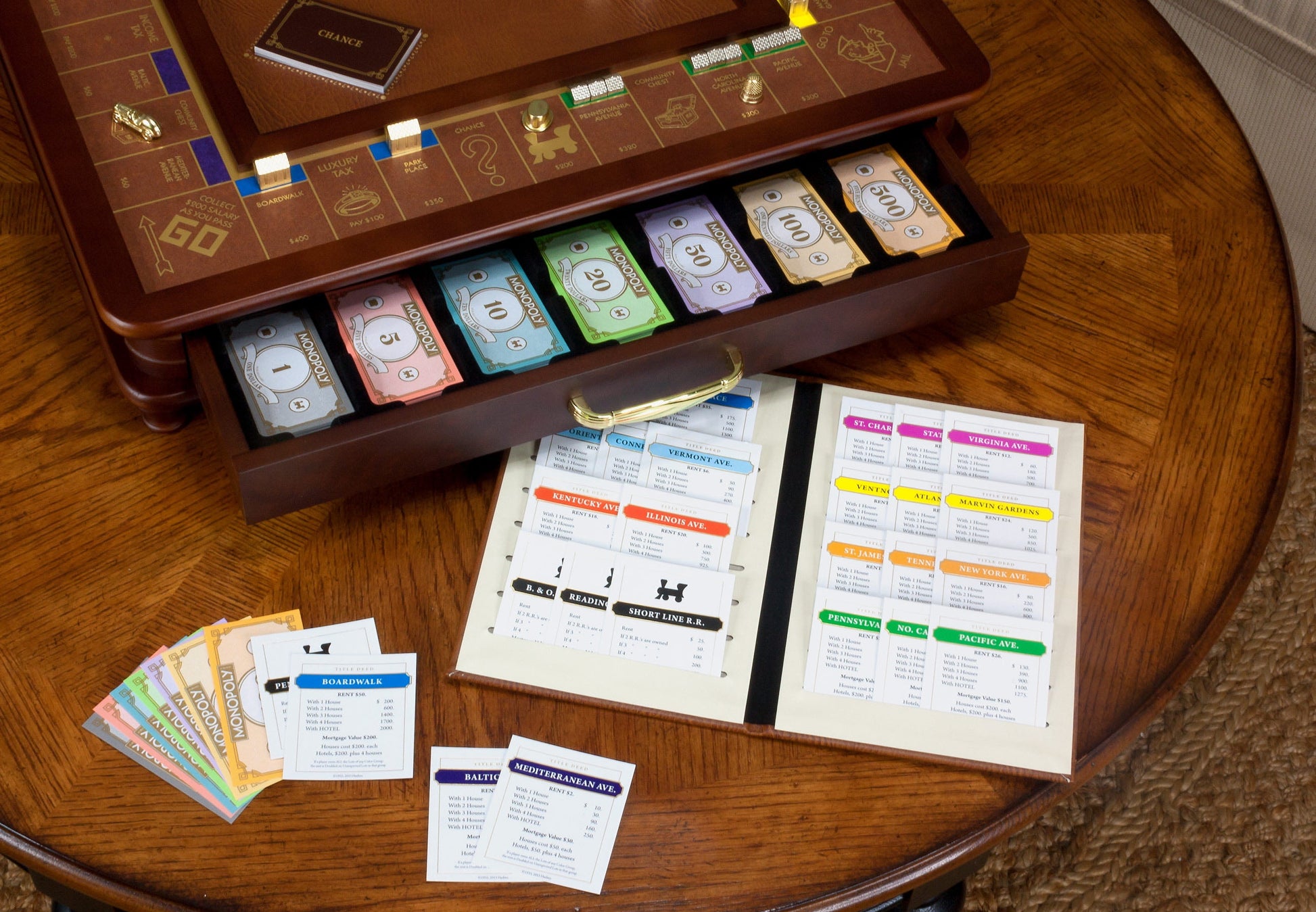 Monopoly Luxury Edition Board Game with Burl Finished Wood Cabinet