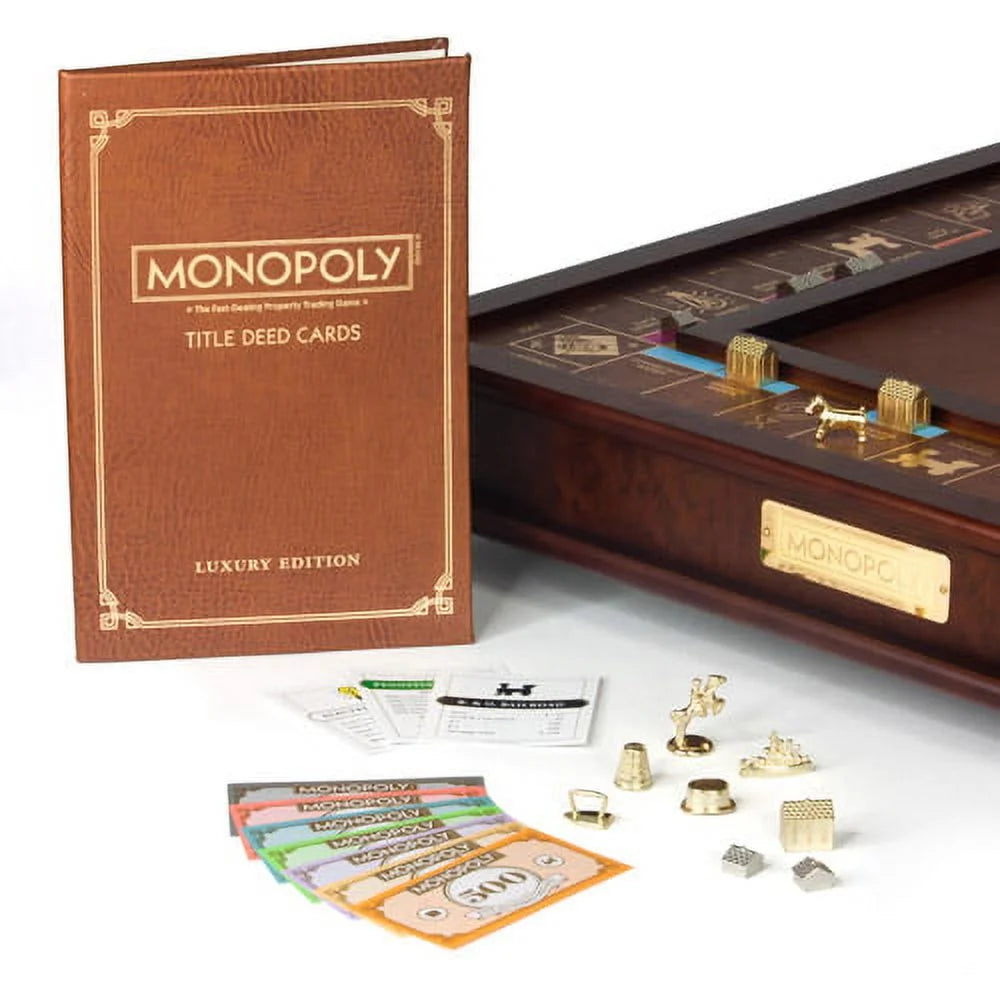 Monopoly Luxury Edition Board Game with Burl Finished Wood Cabinet