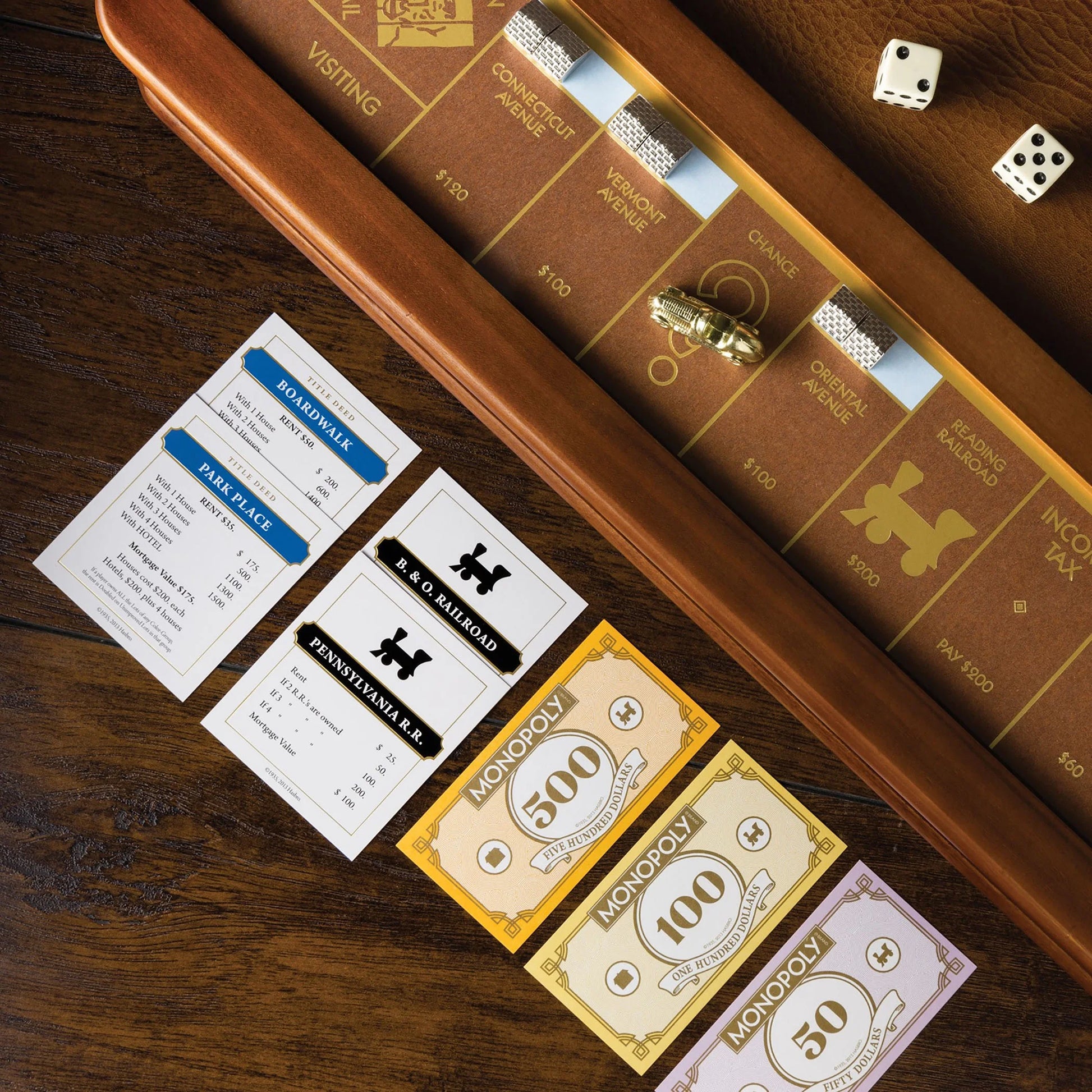 Monopoly Luxury Edition Board Game with Burl Finished Wood Cabinet