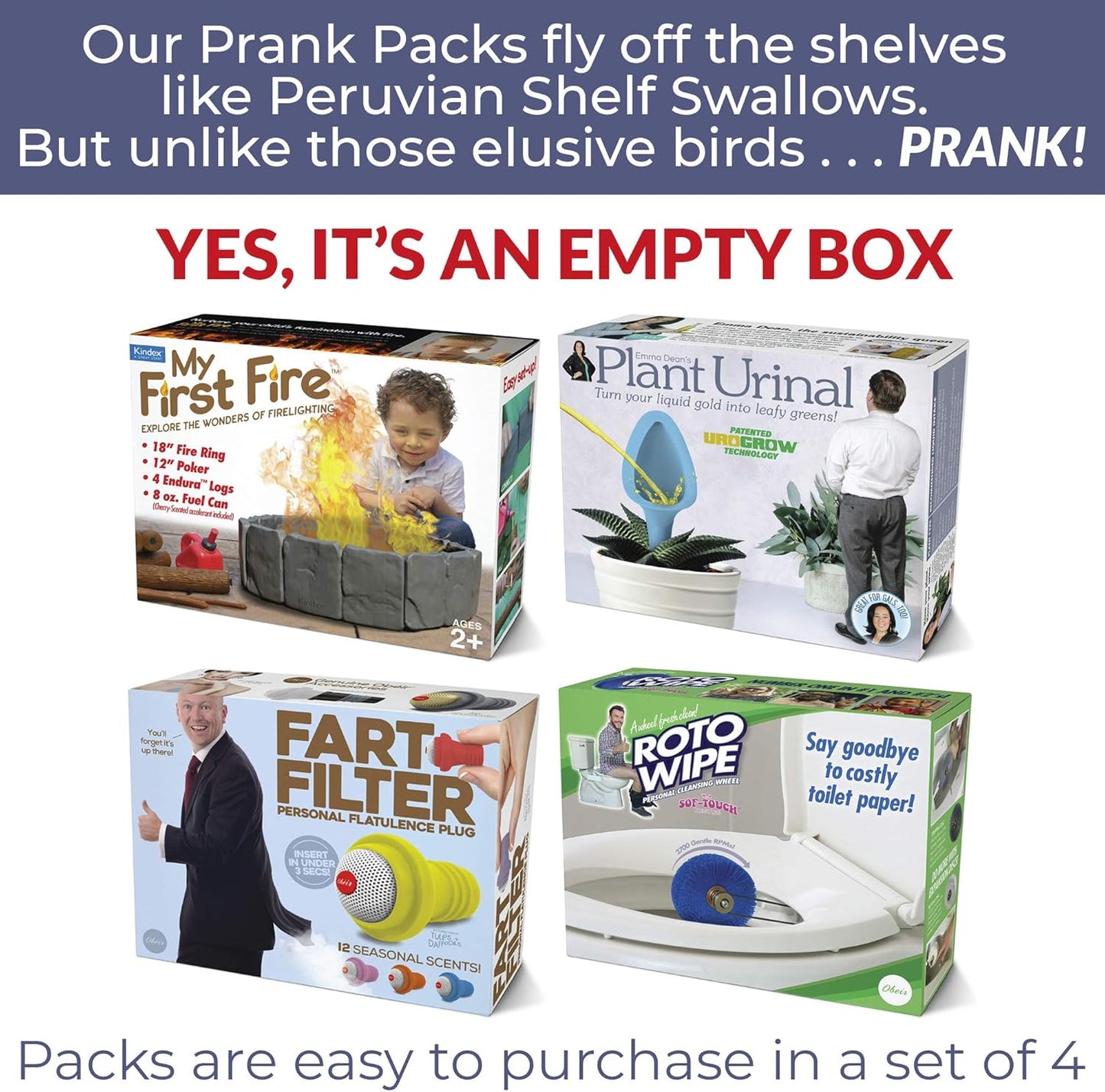 Prank Gift Box Bundle Set 1, 4 Unique Gift Boxes, Wrap Your Real Present in a Funny Authentic Prank-O Gag Present Box, Medium-Sized Novelty Gifting Box for Pranksters
