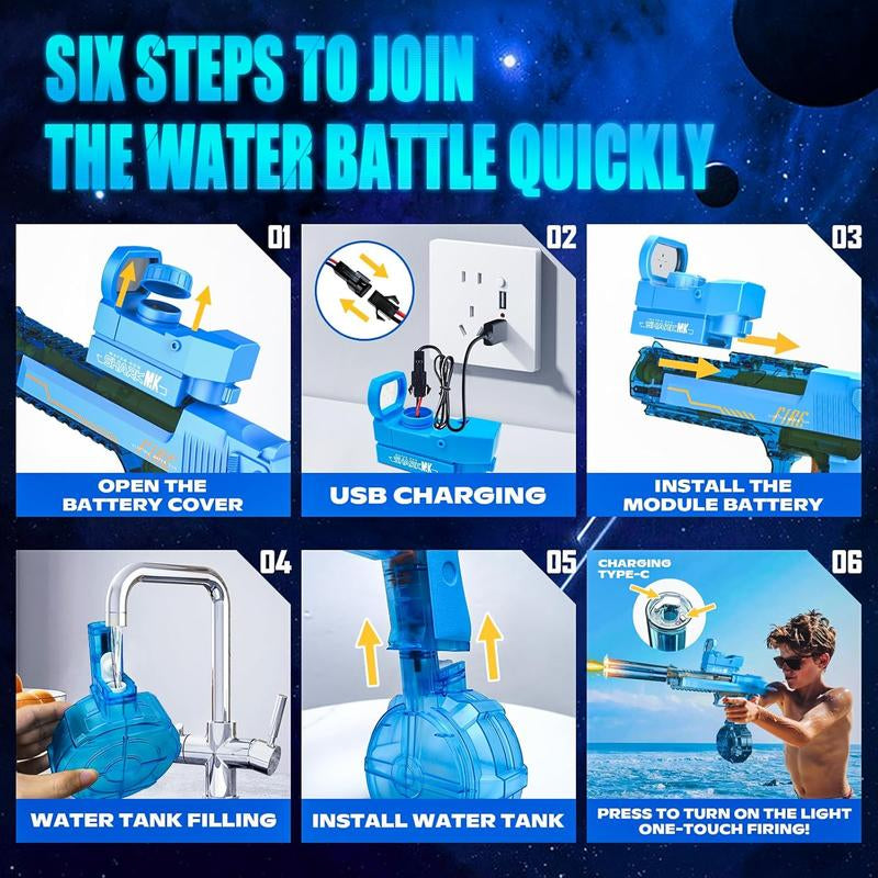 Electric Water Blaster with LED Lights Muzzle Flash, Water Shooter Powerful Squirt Water Pistol for Kids/Adults, Range 26-35Ft, High Powered IP67 Waterproof for Summer, Outdoor, Party, Birthday Gift, Swimming Pools, Party Beach