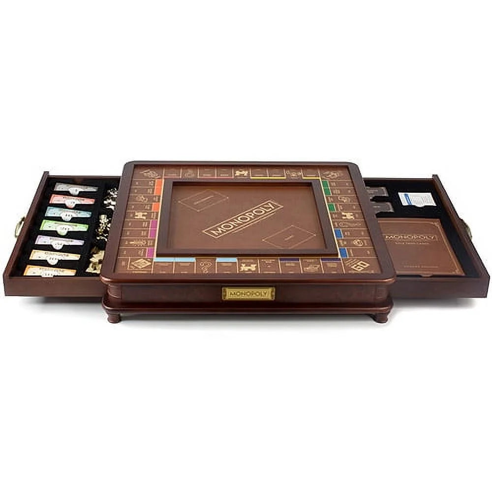 Monopoly Luxury Edition Board Game with Burl Finished Wood Cabinet