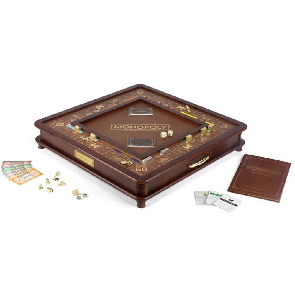 Monopoly Luxury Edition Board Game with Burl Finished Wood Cabinet