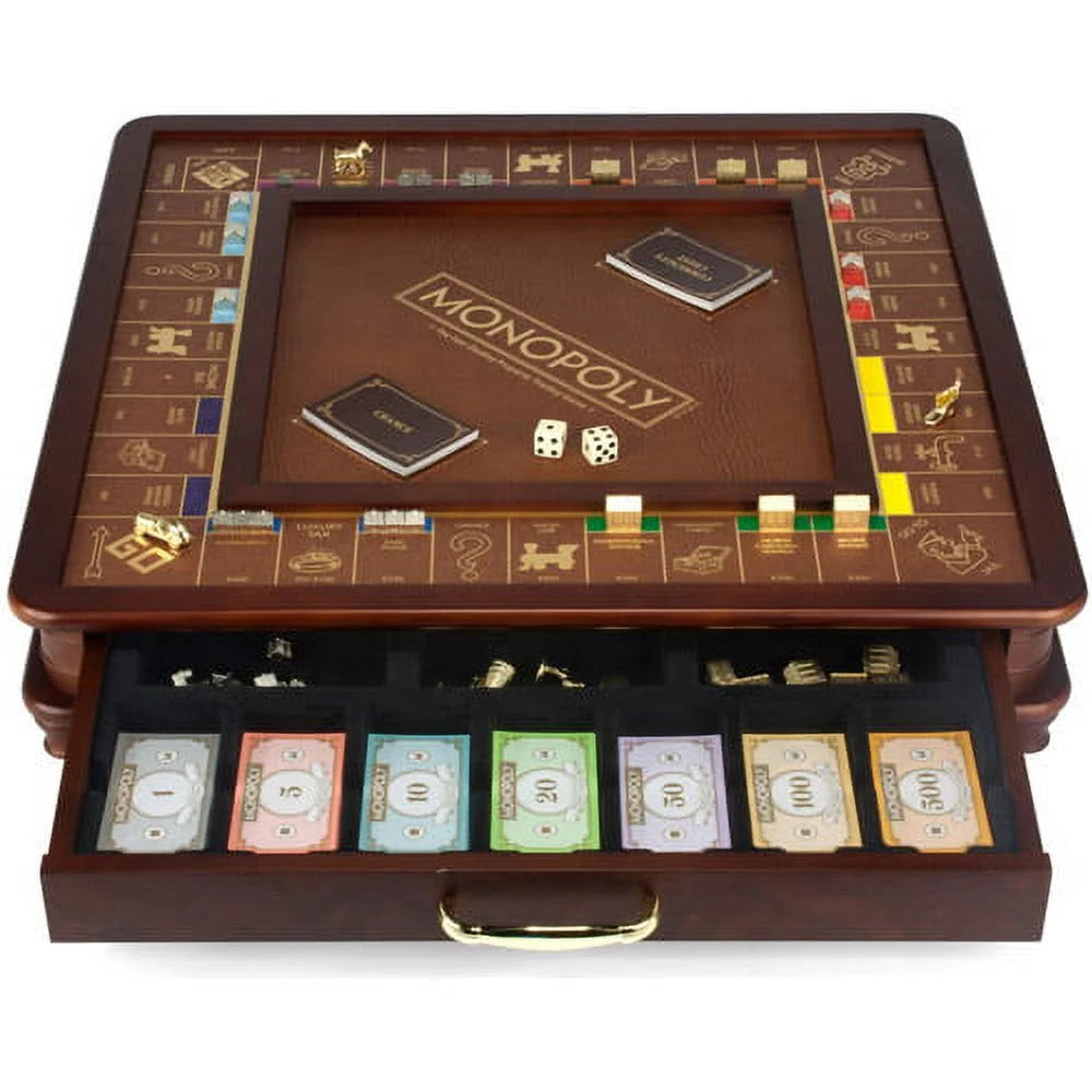 Monopoly Luxury Edition Board Game with Burl Finished Wood Cabinet