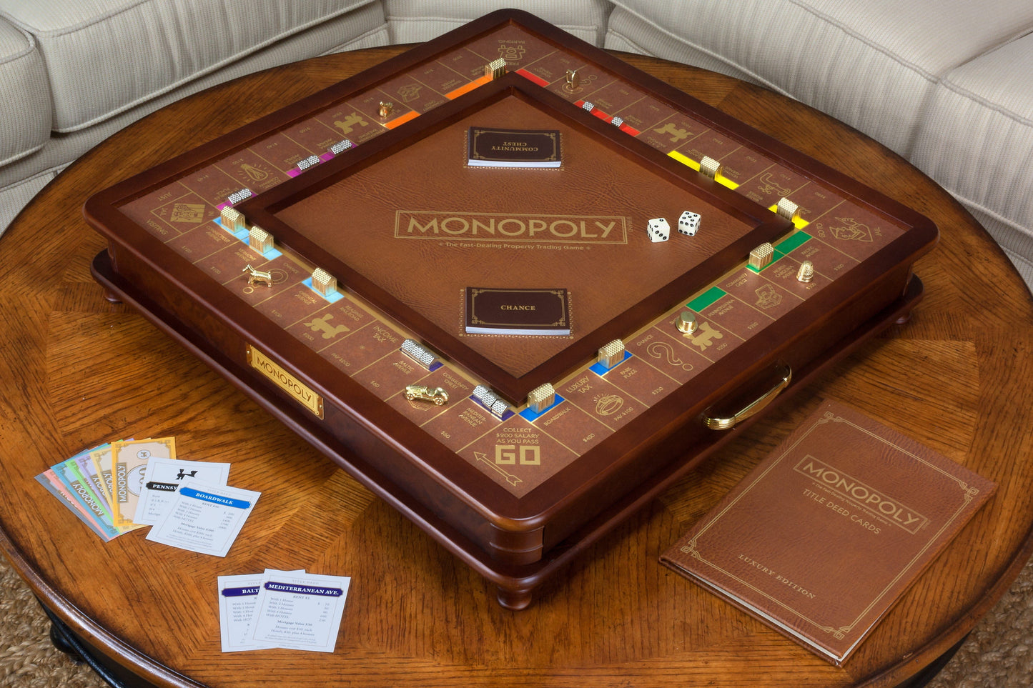 Monopoly Luxury Edition Board Game with Burl Finished Wood Cabinet