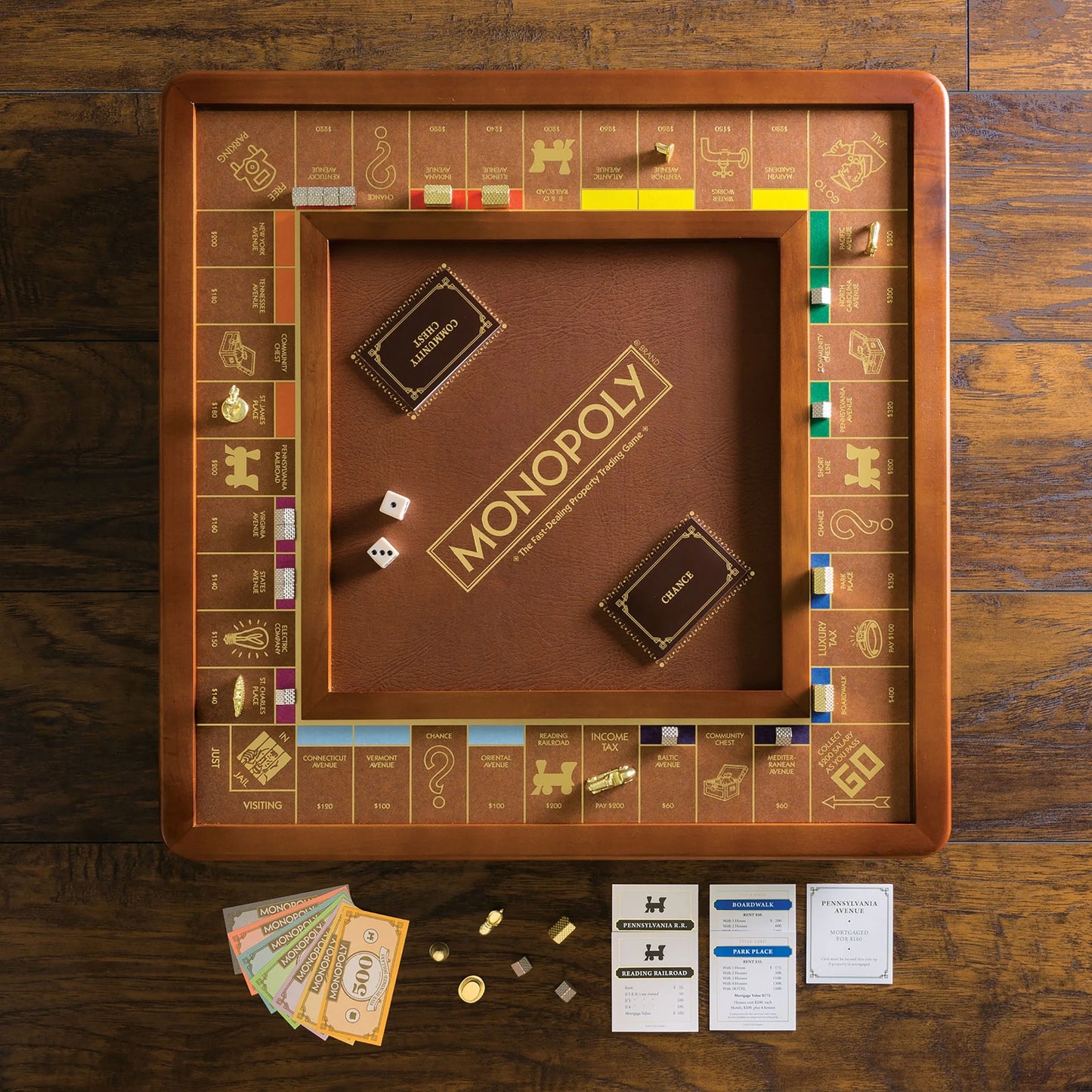 Monopoly Luxury Edition Board Game with Burl Finished Wood Cabinet